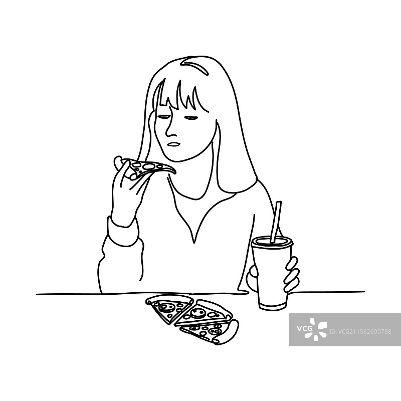 一个女孩正在享用美味的披萨片的画作图片素材