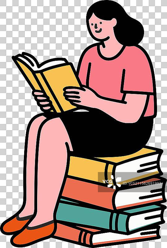 坐在一摞书本上的女人正在看书描边插画手绘图片素材