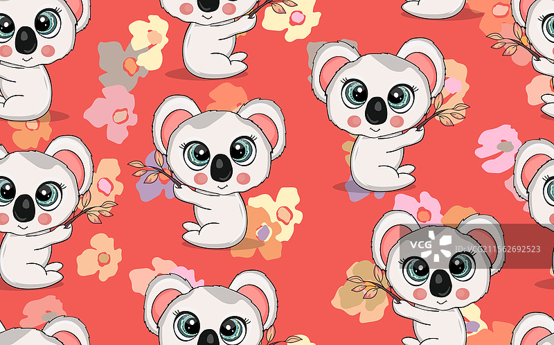 可爱考拉宝宝的无缝图案，背景色彩丰富图片素材