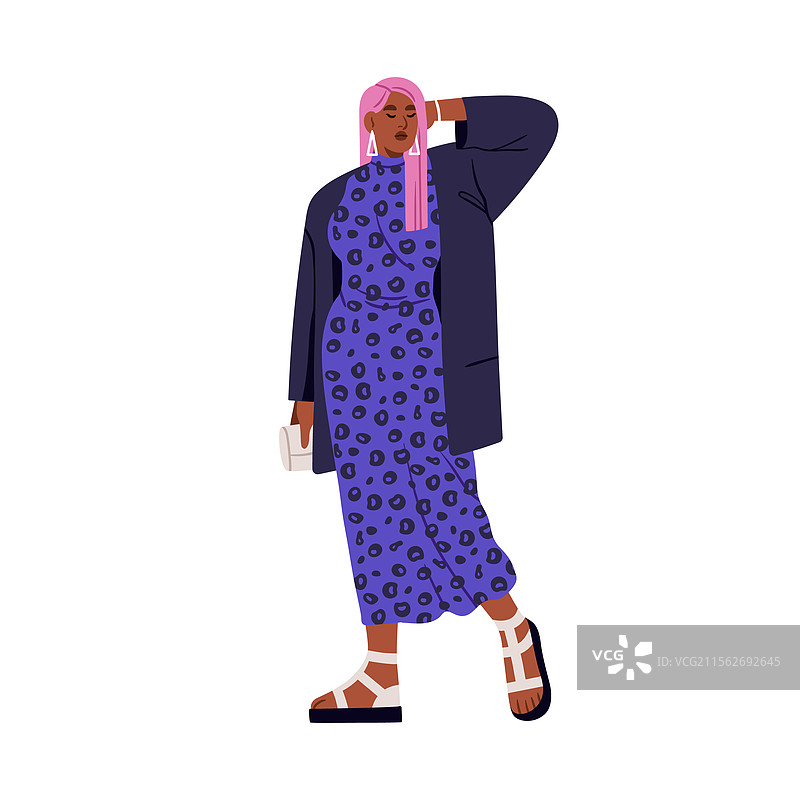 时尚的黑人女性穿着现代服装，充满魅力与性感。图片素材