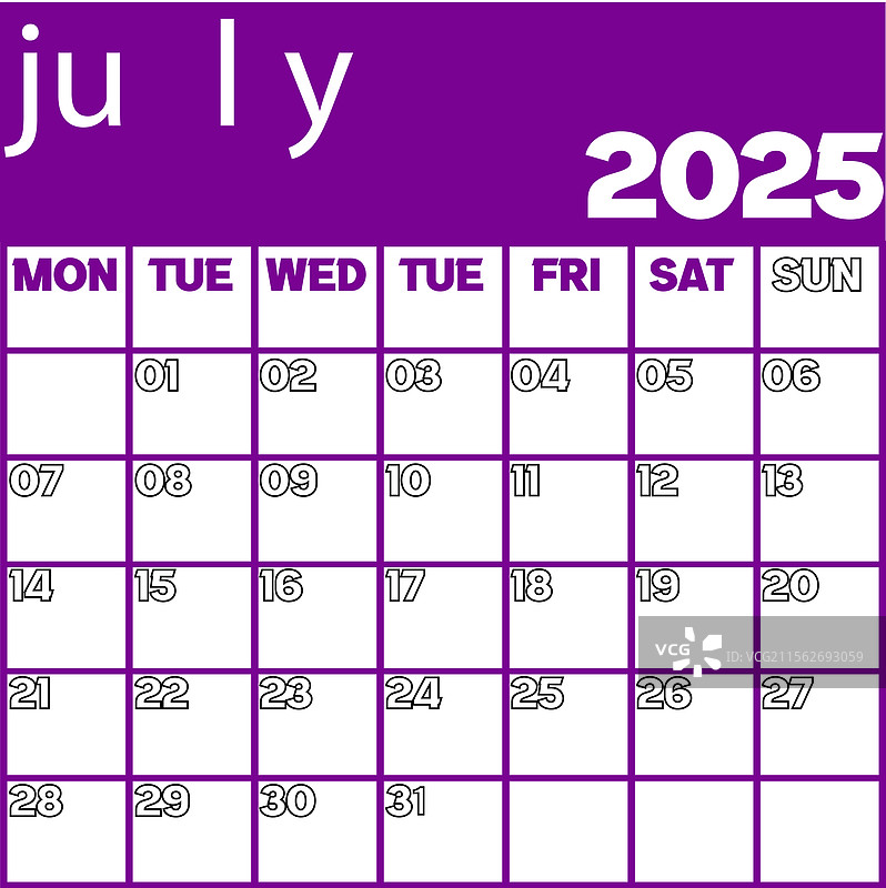 2025年7月的日历月份从星期二开始图片素材