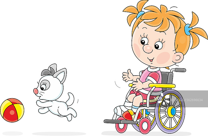 坐在轮椅上的孩子，手上打着石膏绷带图片素材