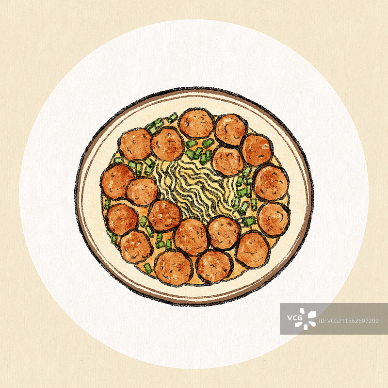 山西晋城美食国风插画-牛肉丸子方便面图片素材