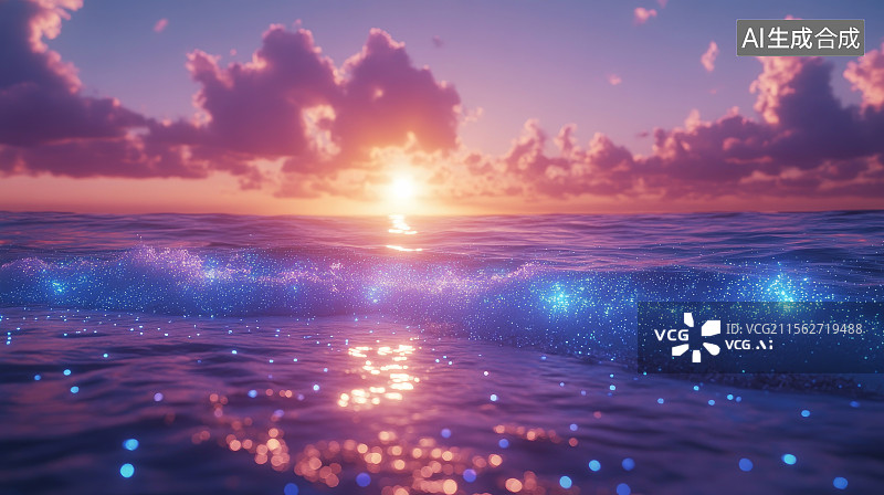 【AI数字艺术】梦幻蓝眼泪荧光海浪海滨夜景图片素材