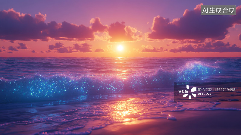 【AI数字艺术】梦幻蓝眼泪荧光海浪海滨夜景图片素材