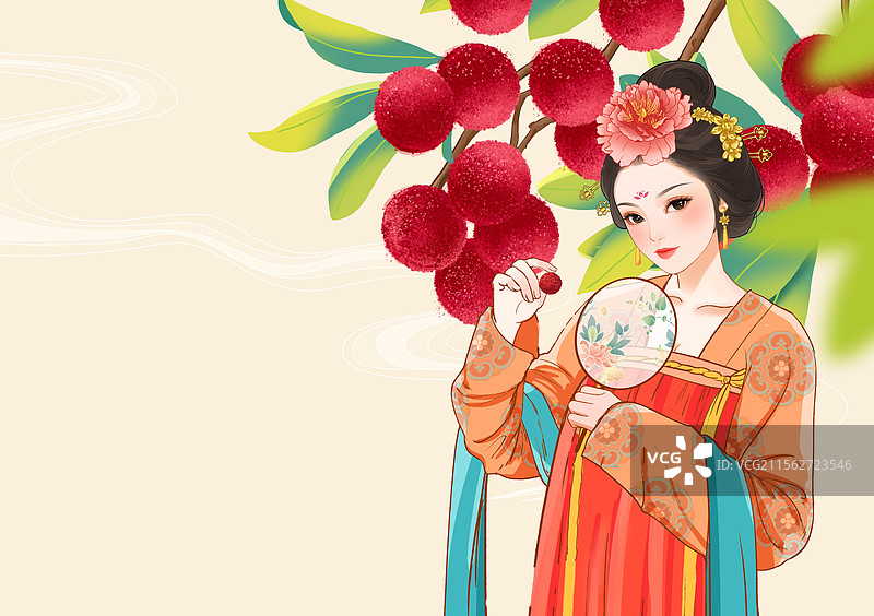 国潮国风插画手绘杨梅包装穿着传统服装的唐朝仕女拿着杨梅图片素材