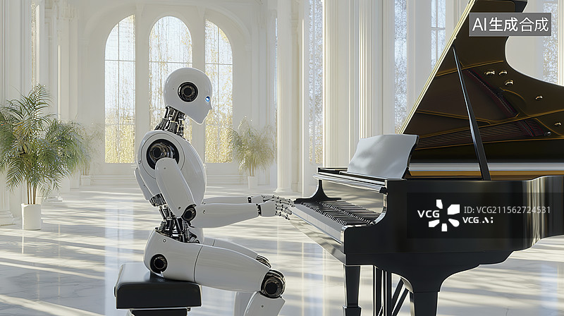 【AI数字艺术】机器人弹钢琴，音乐图片素材