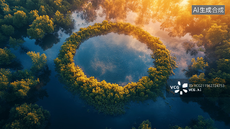 【AI数字艺术】日出湿地沼泽圆形湖泊图片素材