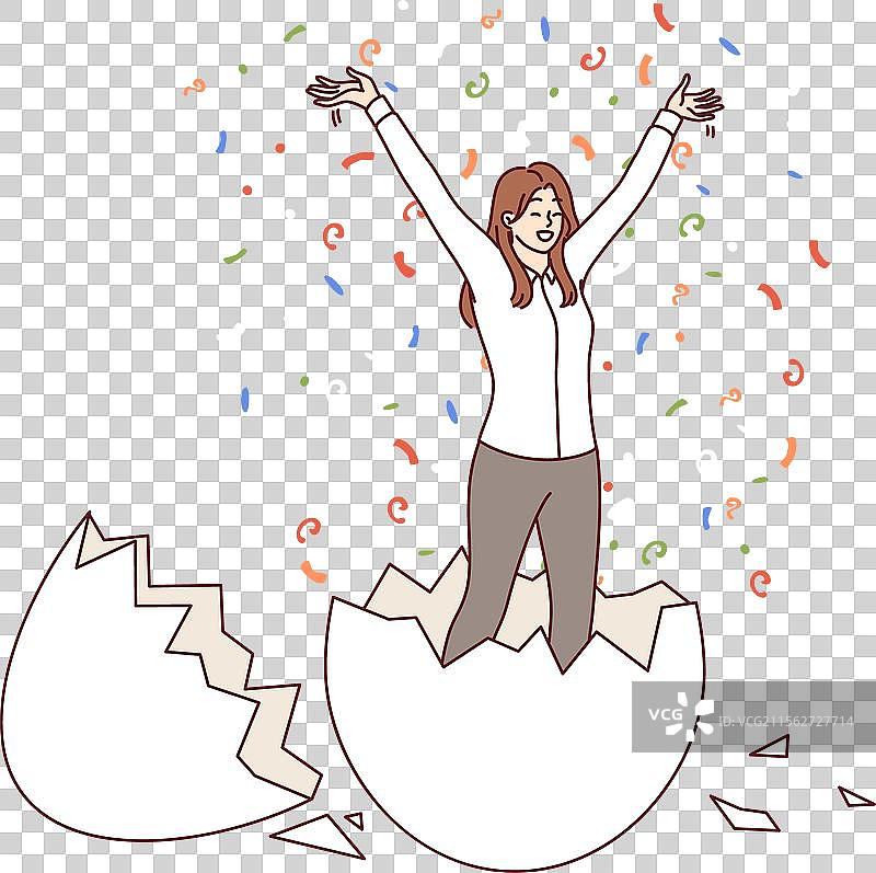 从蛋中孵化出来的女商人举起双手图片素材