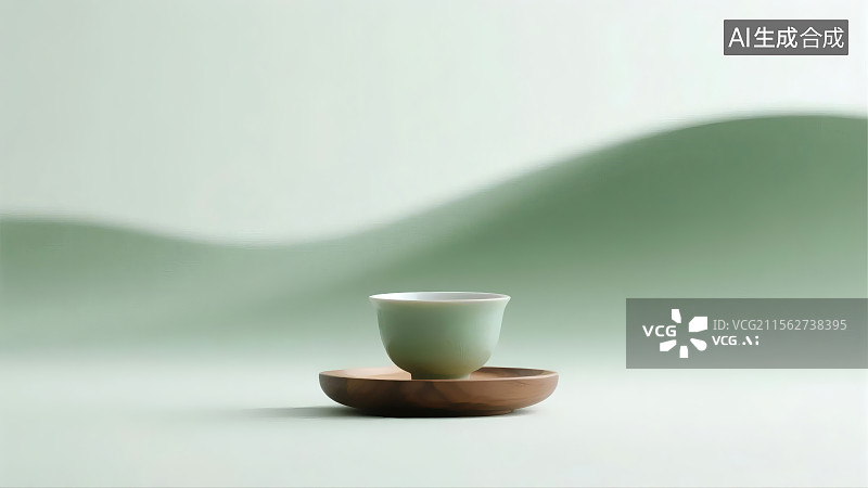 【AI数字艺术】茶杯置于木托盘上，背景为柔和绿色山丘图片素材