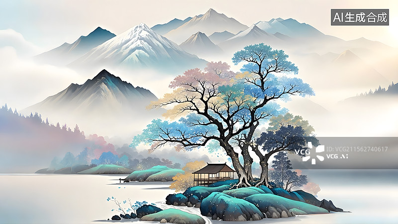 【AI数字艺术】国风水墨融合艺术之山水意境图片素材