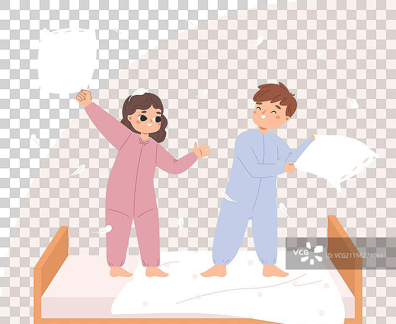 孩子们在床上打枕头，兄弟姐妹们在玩耍。图片素材