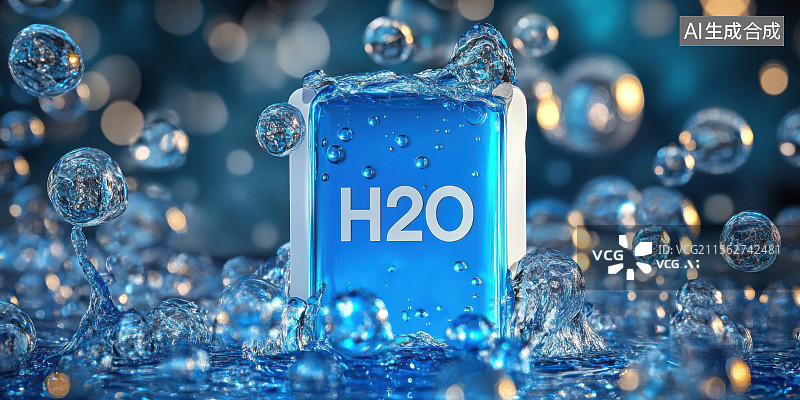 【AI数字艺术】水分子H2O泡泡清新补水科技氢气清洁能源背景图片素材