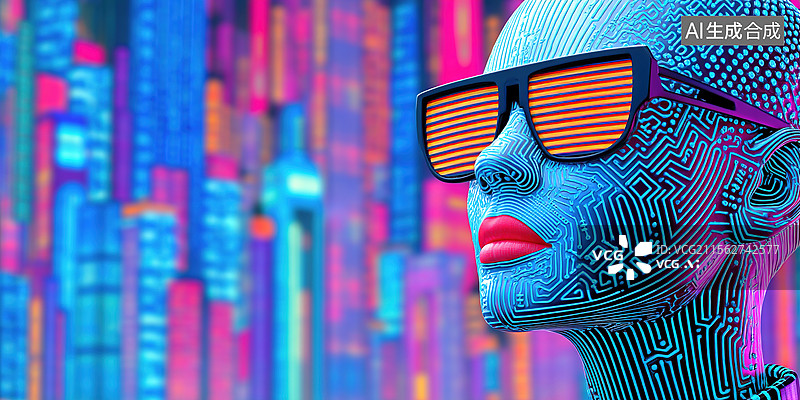 【AI数字艺术】五一劳动节背景插画未来机器人戴VR眼镜于赛博朋克城市科技创新抽象霓虹全息都市景观电路图案蓝紫渐变海报图片素材