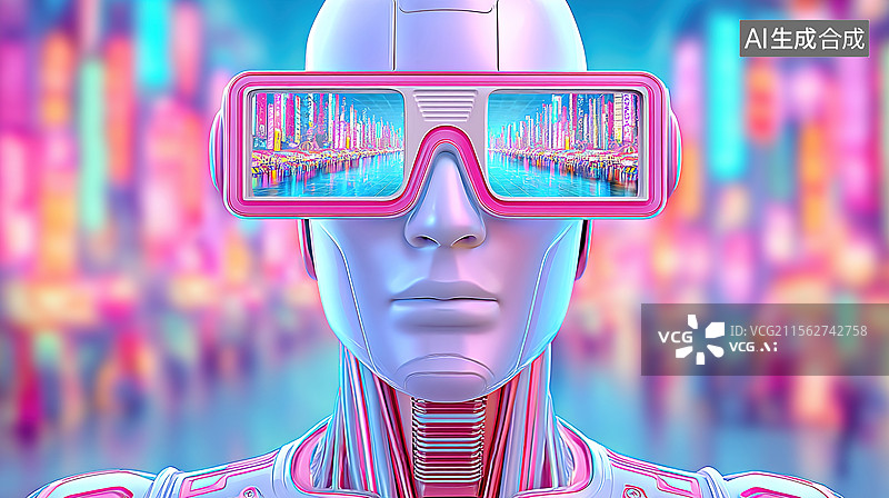 【AI数字艺术】五一劳动节背景插画未来机器人戴VR眼镜于赛博朋克城市科技创新抽象霓虹全息都市景观电路图案蓝紫渐变海报图片素材