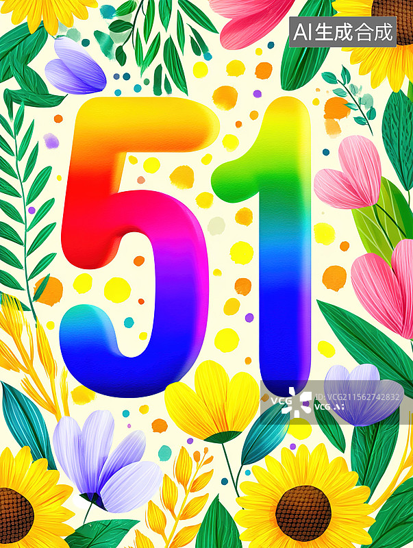 【AI数字艺术】五一劳动节插画背景水彩"51"麦穗画笔纸质纹理上的马卡龙色彩飞溅艺术花卉植物自然海报图片素材