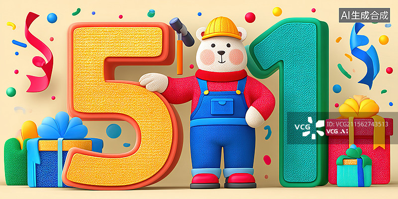 【AI数字艺术】五一劳动节插画背景可爱卡通小熊工人锤螺丝刀形象节日庆祝彩带节假日图片素材