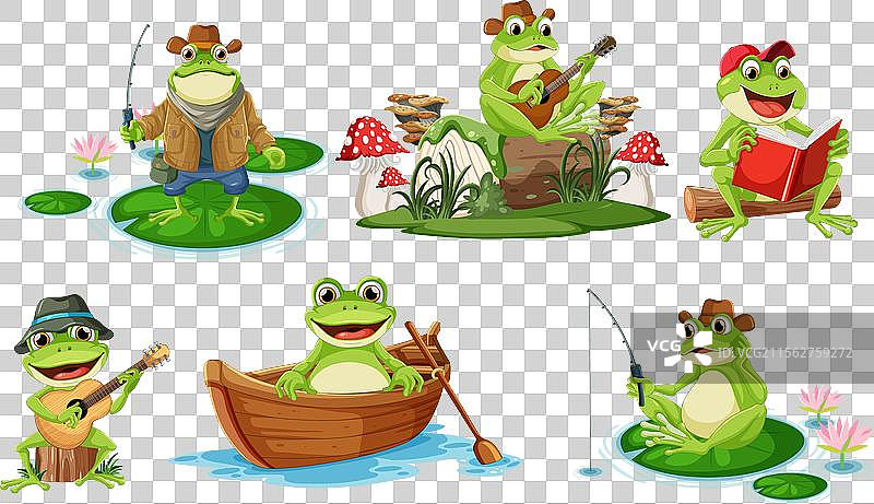 青蛙在不同的休闲场景中图片素材