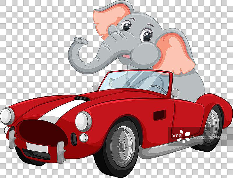 快乐的卡通大象驾驶着一辆复古汽车图片素材