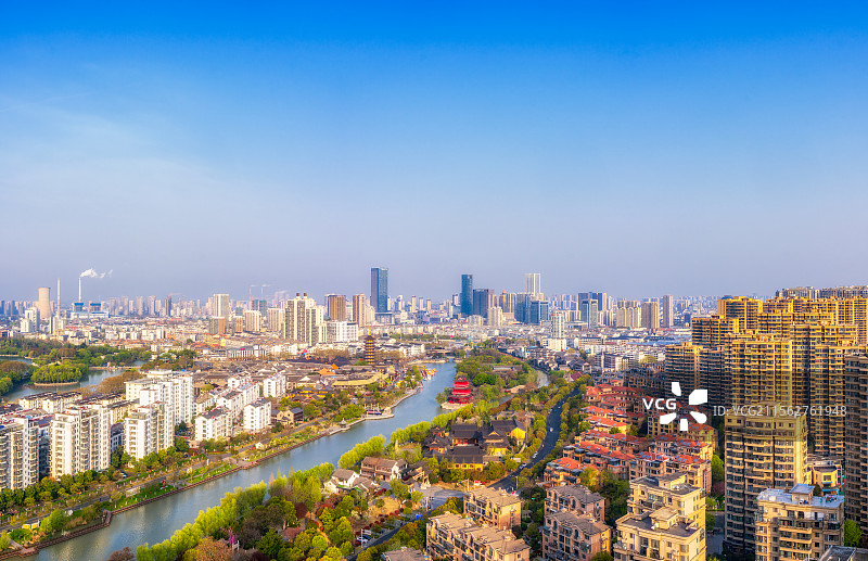 江苏，淮安市，里运河文化长廊，里运河，中洲公园，清江浦中洲岛，清江浦楼，国师塔，都市天际线，春季航拍图片素材