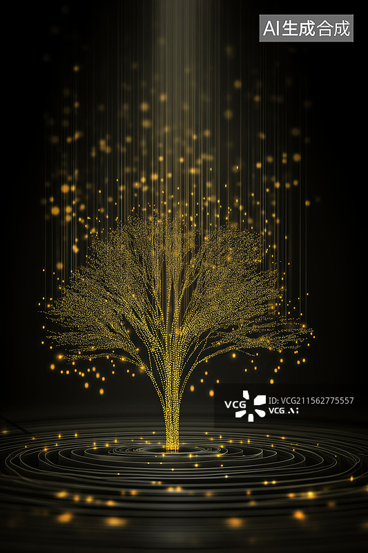 【AI数字艺术】金色光点环绕的树图片素材