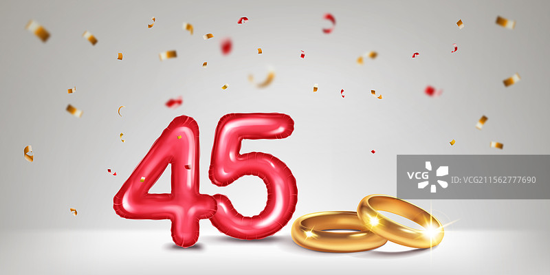 红色数字45的金色婚戒和五彩纸屑图片素材