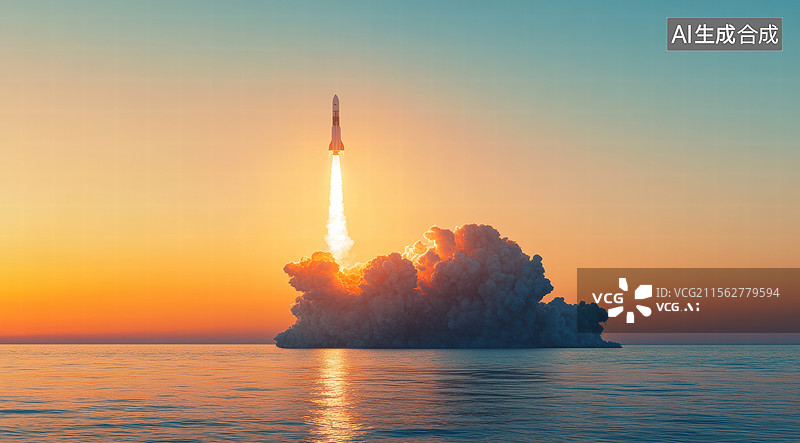 【AI数字艺术】夕阳下的火箭升空图片素材