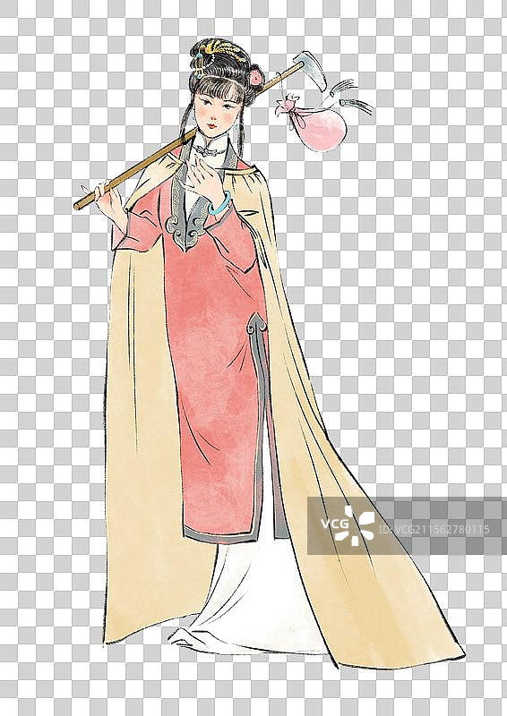 文学名著红楼梦金陵十二钗人物插画元素，林黛玉葬花。图片素材