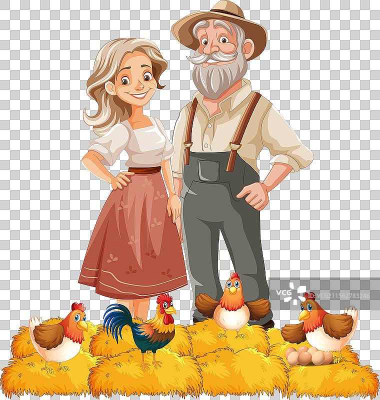 微笑的农民与他们的鸡站在一起图片素材
