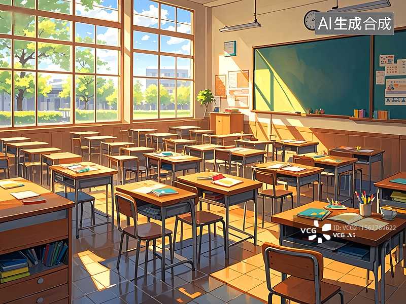 【AI数字艺术】【AI数字艺术】阳光洒在无人的教室里图片素材