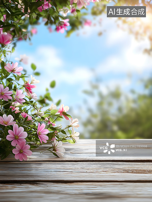 【AI数字艺术】花簇，木质地板，天空，产品背景，广告背景图片素材