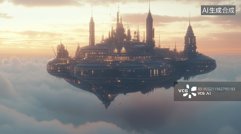 【AI数字艺术】云端悬浮幻想城邦全景图片素材
