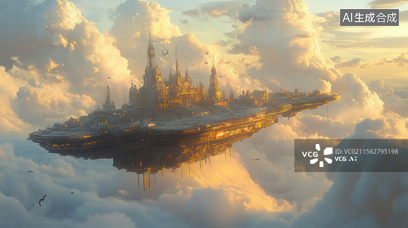 【AI数字艺术】云端悬浮幻想城邦全景图片素材