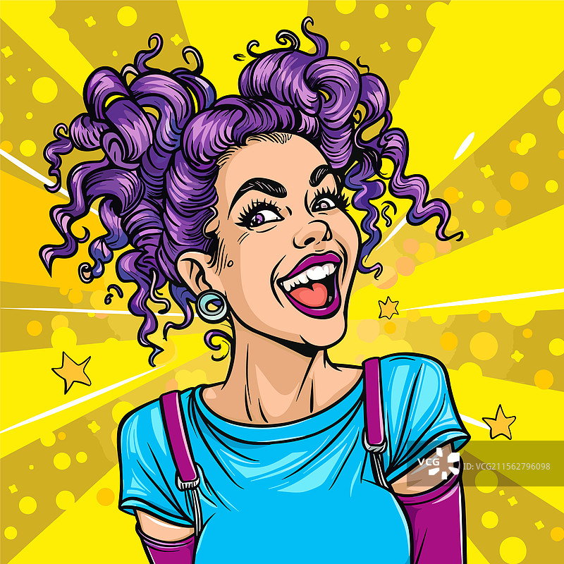 快乐的女性在黄色背景下的波普艺术风格图片素材