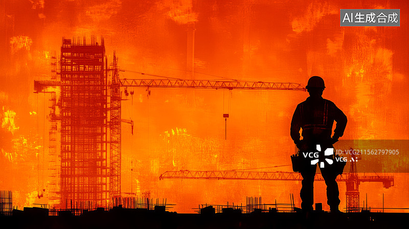 【AI数字艺术】橙色背景下建筑工地的工人剪影图片素材