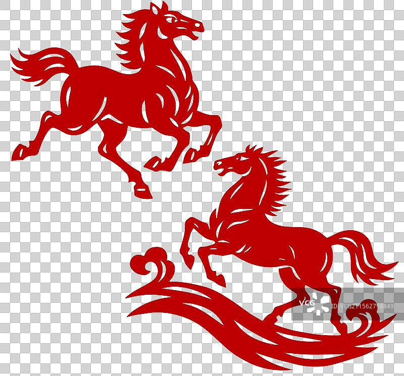 骏马奔腾剪纸风插画图片素材