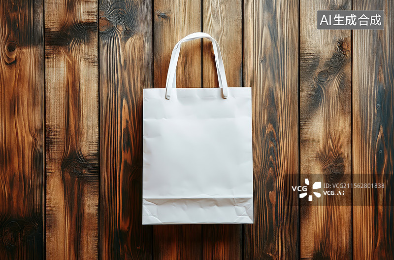【AI数字艺术】木质木纹桌面背景上放着一个空白标签的白色纸购物袋图片素材