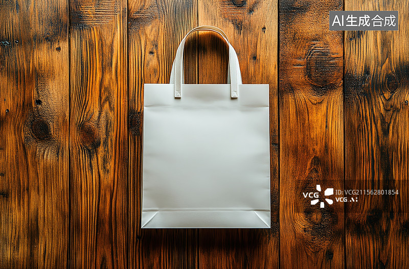 【AI数字艺术】木质木纹桌面背景上放着一个空白标签的白色纸购物袋图片素材