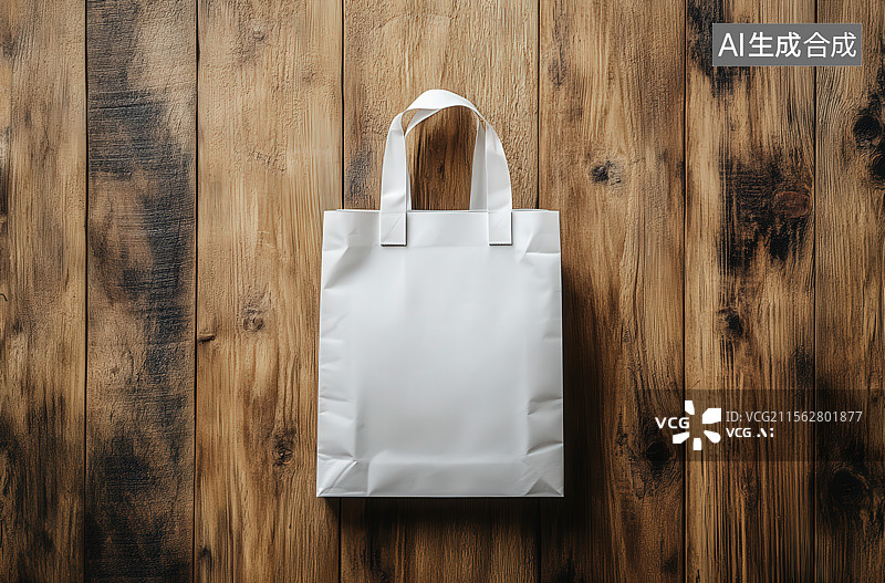【AI数字艺术】木质木纹桌面背景上放着一个空白标签的白色纸购物袋图片素材