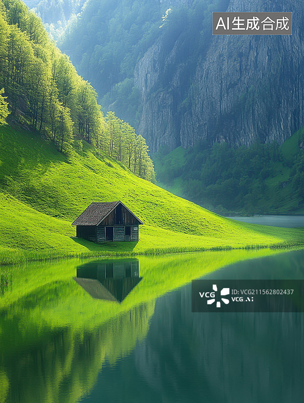【AI数字艺术】湖畔小屋与青山倒影图片素材