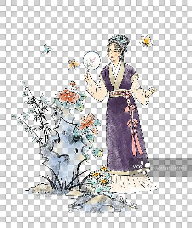 红楼梦典故宝钗扑蝶黛玉葬花插画，古代美女在园林公园里游玩赏花。图片素材