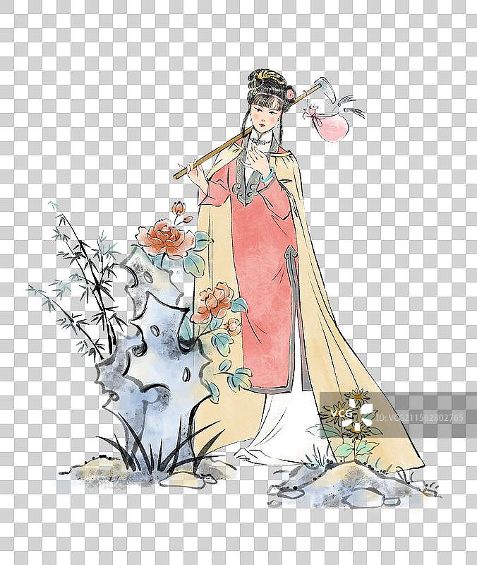 红楼梦典故宝钗扑蝶黛玉葬花插画，古代美女在园林公园里游玩赏花。图片素材
