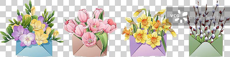 装有柳枝、郁金香和水仙花的信封图片素材