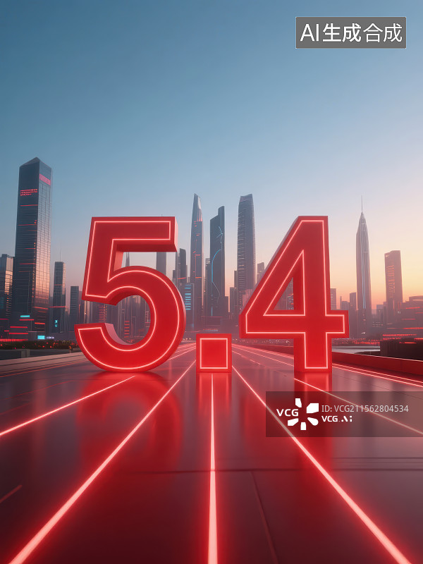 【AI数字艺术】五四青年节，红色未来科技概念城市风光道路平台图片素材