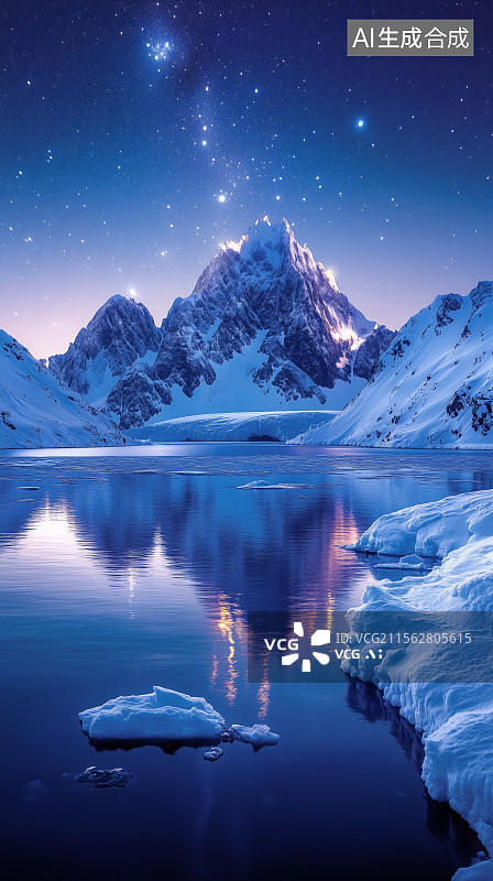 【AI数字艺术】夜空下的雪山湖泊图片素材