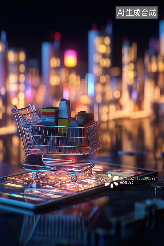 【AI数字艺术】购物车在平板电脑上的未来城市背景图片素材