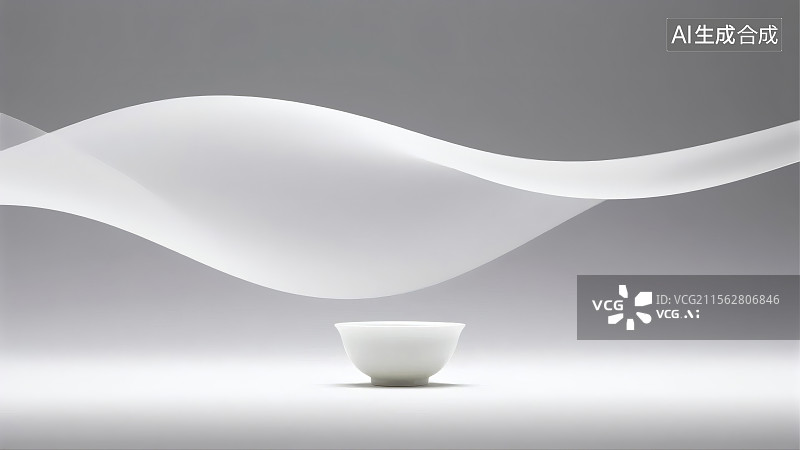 【AI数字艺术】白色茶碗置于简洁背景，上方飘动轻盈白纱图片素材