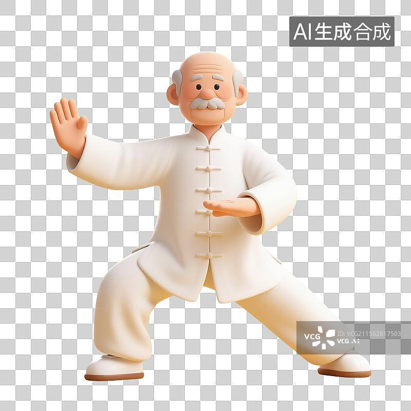 【AI数字艺术】3D渲染卡通人物，老人，退休老人，打太极拳的老爷爷，八段锦，五禽戏，锻炼，运动，休闲娱乐活动免抠元素图片素材