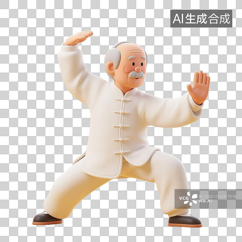 【AI数字艺术】3D渲染卡通人物，老人，退休老人，打太极拳的老爷爷，八段锦，五禽戏，锻炼，运动，休闲娱乐活动免抠元素图片素材