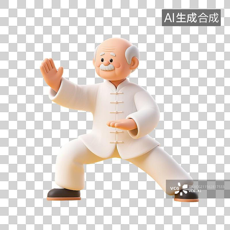 【AI数字艺术】3D渲染卡通人物，老人，退休老人，打太极拳的老爷爷，八段锦，五禽戏，锻炼，运动，休闲娱乐活动免抠元素图片素材